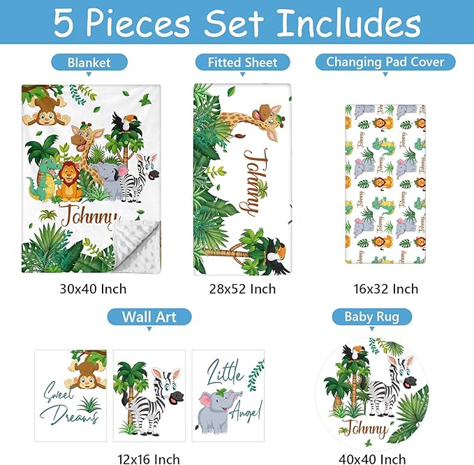 Personalized Baby Crib Bedding Set, 5 Pcs Custom Name Nursery Bedding Set for Boys Girls