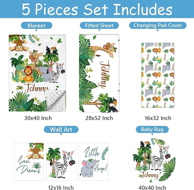 Personalized Baby Crib Bedding Set, 5 Pcs Custom Name Nursery Bedding Set for Boys Girls