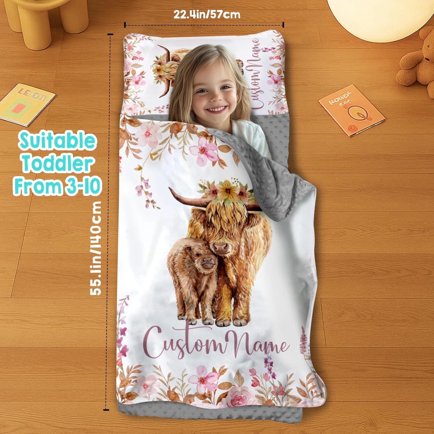 Custom Personalized Name Kids Nap Mat Highland Cow Pattern