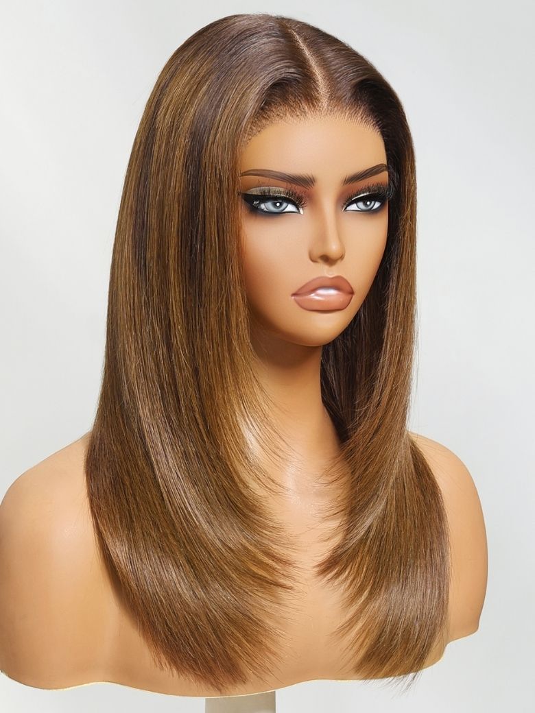 Onime 13x4 Layer Cut Straight Wig Brown and Honey Blonde Ombre Put on and Go Wig Invisible Knots 180% Density