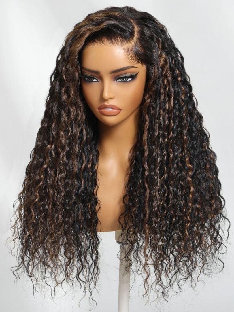 Onime 7x7 Golden Brown Highlight Wig Water Wave Bye Bye Knots Lace Closure Wig 150% Density Pre-sale
