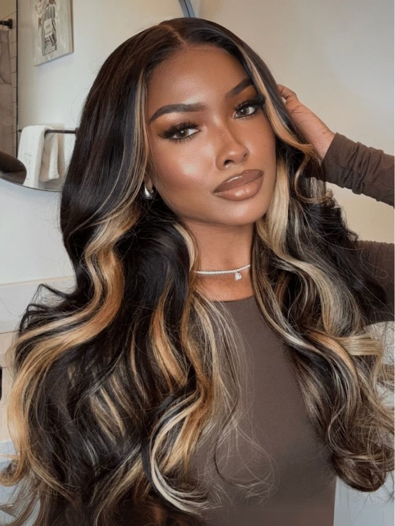 Onime 13x4 Bye Bye Knots Loose Body Wave Lace Closure Wig Dark Brown Wig with Face-Framing Highlights