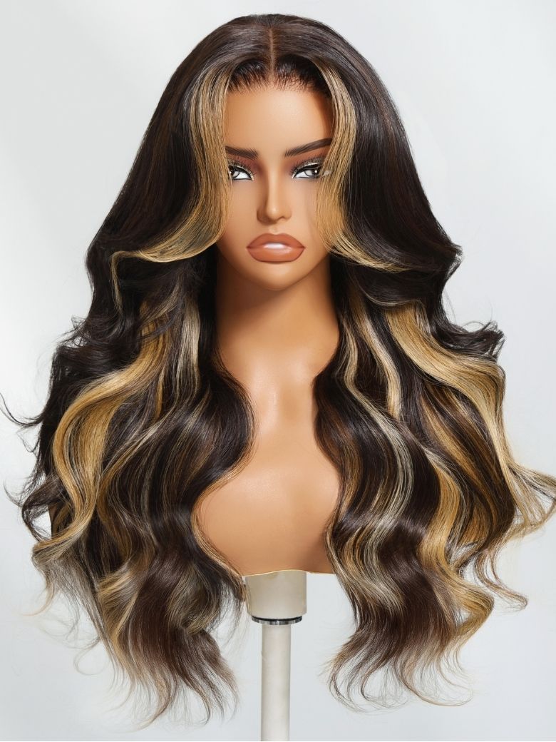 Onime 13x4 Bye Bye Knots Loose Body Wave Lace Closure Wig Dark Brown Wig with Face-Framing Highlights