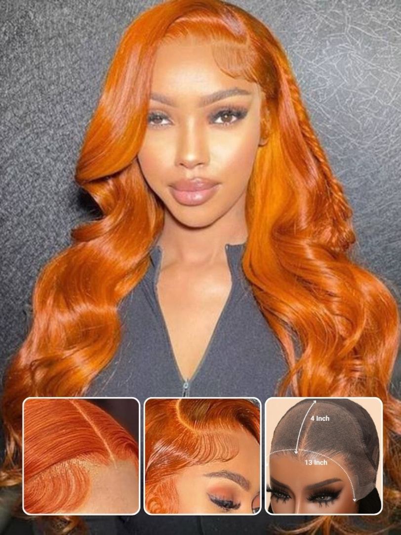 Onime Pre Everything Wig 2.0™ _ 13x4 Lace Front Orange Ginger Colored Body Wave Put on and Go Transparent Wig