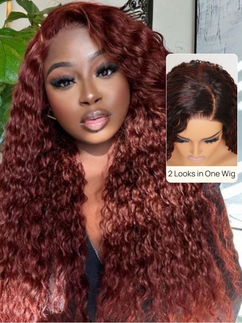 Onime Double Wear 4x4 Water Wave Lace Closure Wig Ombre Auburn & Reddish Brown 2 Styles in 1 Put on and Go Wig