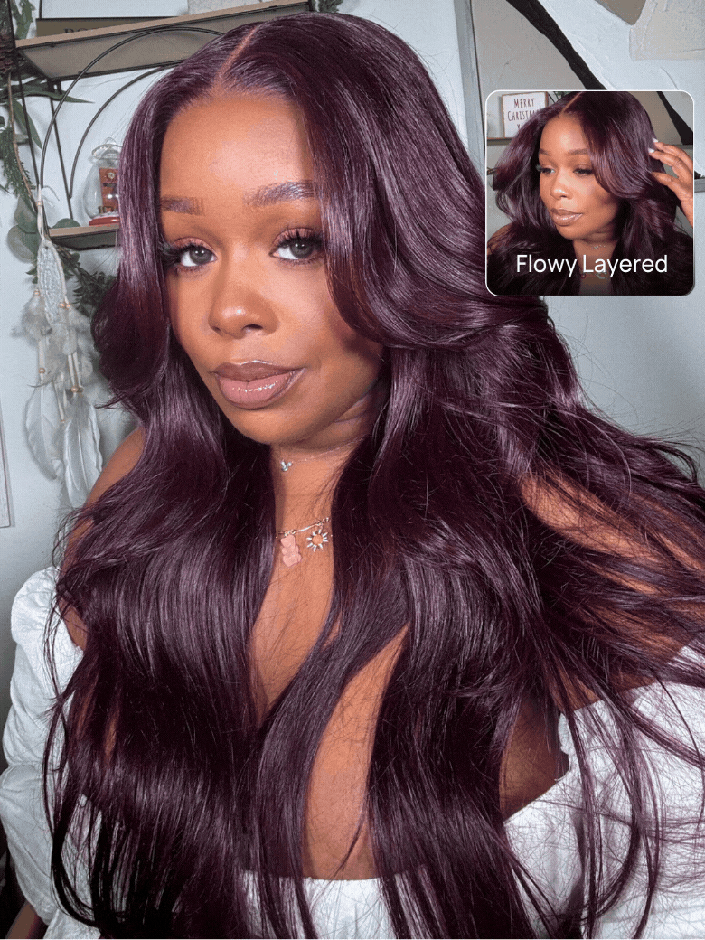 Onime13x4 Burgundy Plum Layer Cut Straight Lace Frontal Wig Pre-everything Invisible Knots Put on and Go Wig