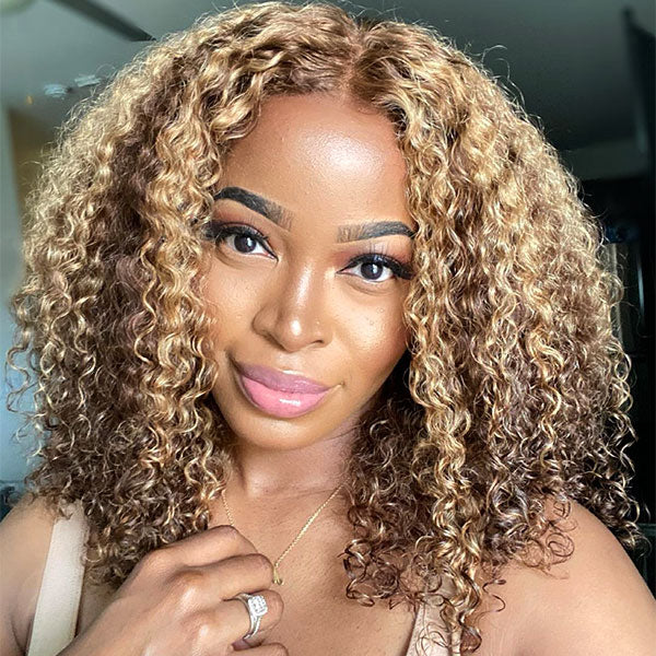 Onime 4/27 Highlight Color Wear Go Glueless Wigs Pre Cut 4x4 HD Lace Kinky Curly Hair Short Bob Wigs