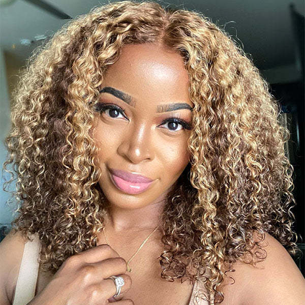 Onime 4/27 Highlight Color Wear Go Glueless Wigs Pre Cut 4x4 HD Lace Kinky Curly Hair Short Bob Wigs
