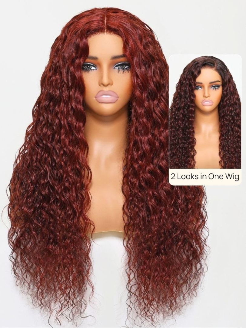 Onime Double Wear 4x4 Water Wave Lace Closure Wig Ombre Auburn & Reddish Brown 2 Styles in 1 Put on and Go Wig