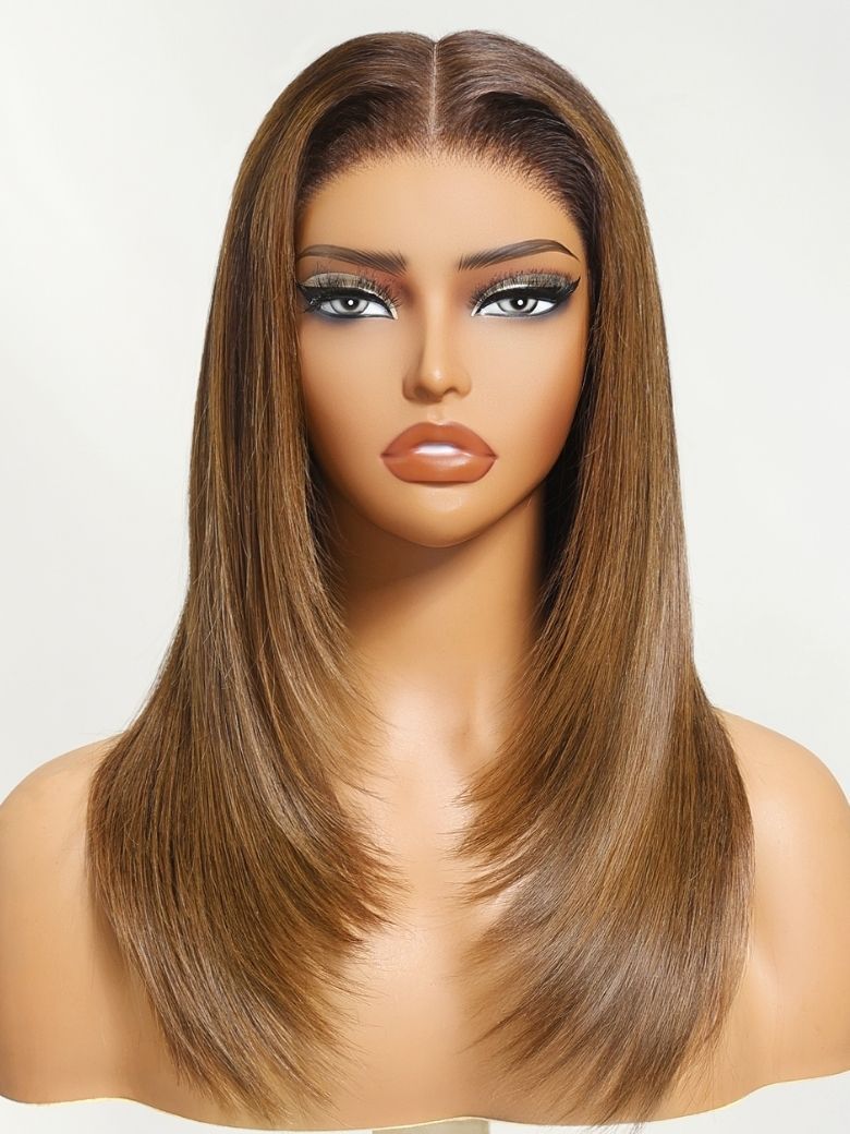 Onime 13x4 Layer Cut Straight Wig Brown and Honey Blonde Ombre Put on and Go Wig Invisible Knots 180% Density