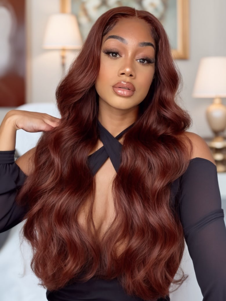 Onime13x4 Reddish Brown Body Wave Wig Pre Bleached Invisible Knots Glueless Human Hair Wigs