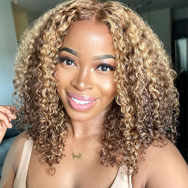 Onime 4/27 Highlight Color Wear Go Glueless Wigs Pre Cut 4x4 HD Lace Kinky Curly Hair Short Bob Wigs