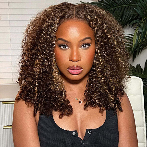 Onime 4/27 Highlight Color Wear Go Glueless Wigs Pre Cut 4x4 HD Lace Kinky Curly Hair Short Bob Wigs