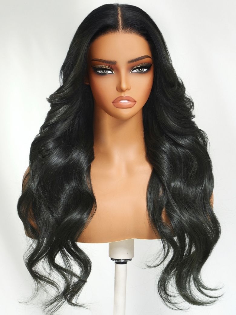 Onime Ombre Black to Dark Green Loose Wave Human Hair Wig Invisible Knots Pre-bleached Frontal Wig
