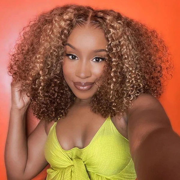 Onime 4/27 Highlight Color Wear Go Glueless Wigs Pre Cut 4x4 HD Lace Kinky Curly Hair Short Bob Wigs