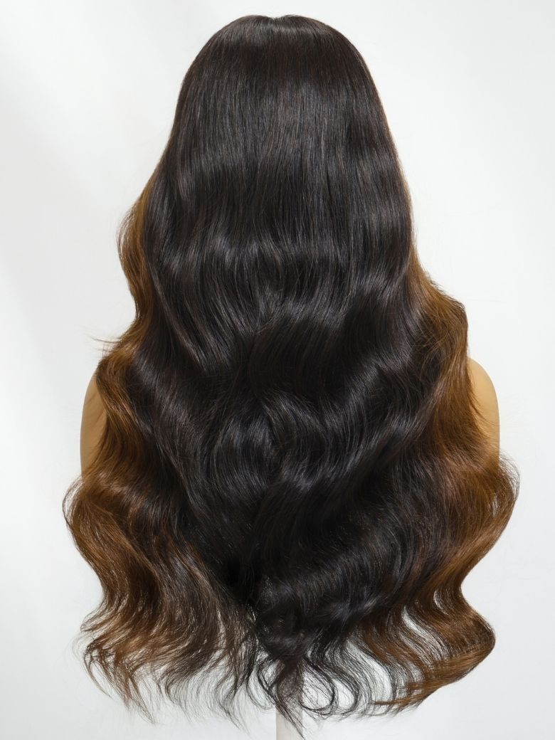 Onime13x4 Face-Framing Brown Highlight Wig with Bangs Bye Bye Knots 3D Body Wave Put on and Go Wigs