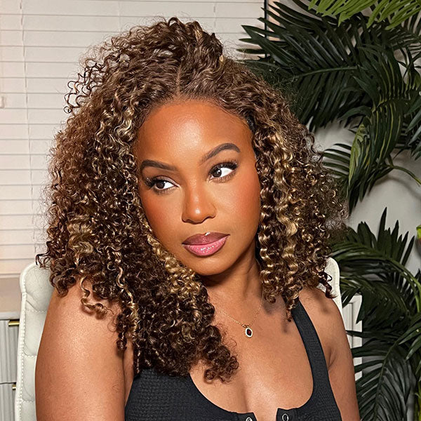 Onime 4/27 Highlight Color Wear Go Glueless Wigs Pre Cut 4x4 HD Lace Kinky Curly Hair Short Bob Wigs