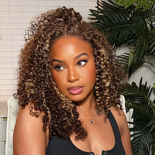 Onime 4/27 Highlight Color Wear Go Glueless Wigs Pre Cut 4x4 HD Lace Kinky Curly Hair Short Bob Wigs