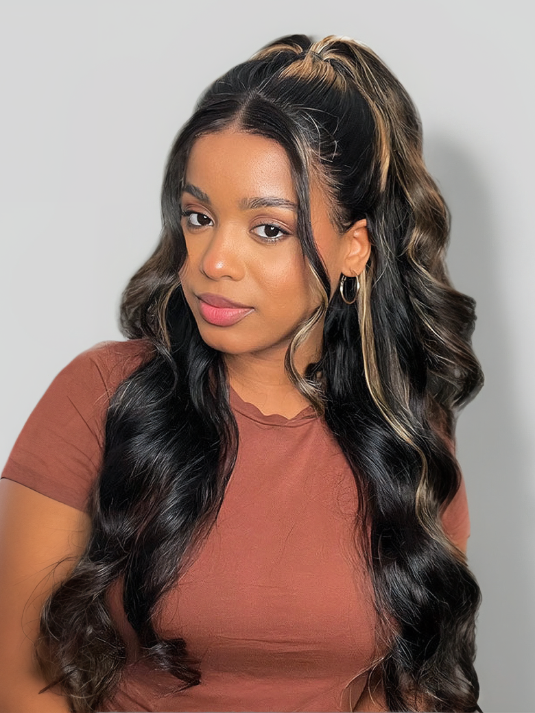 Onime Pre Everything Wig 2.0™ _ Onime 13x4 Lace Front Black With Blonde Highlights 3D Body Wave Glueless Wig Put on and Go