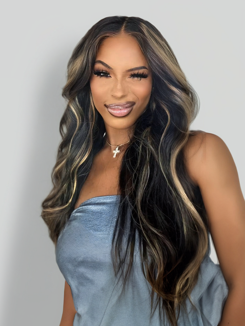 Onime Pre Everything Wig 2.0™ _ Onime 13x4 Lace Front Black With Blonde Highlights 3D Body Wave Glueless Wig Put on and Go