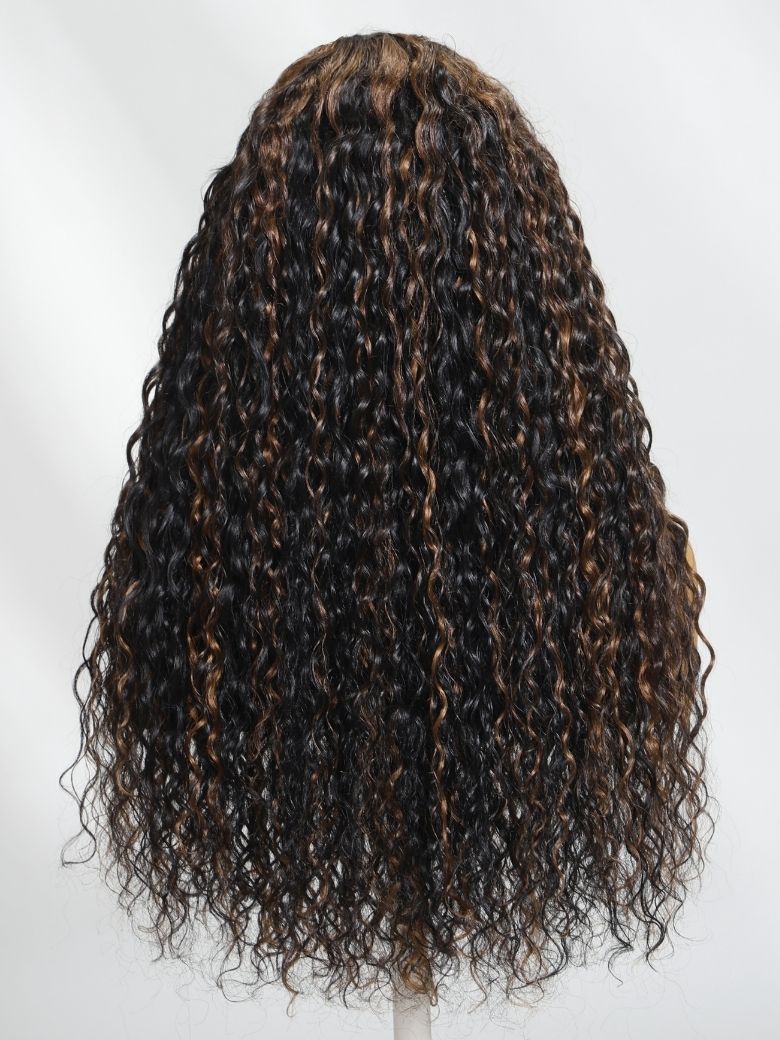 Onime 13x4 Golden Brown Highlight Wig Water Wave Bye Bye Knots Lace Frontal Wig 180% Density