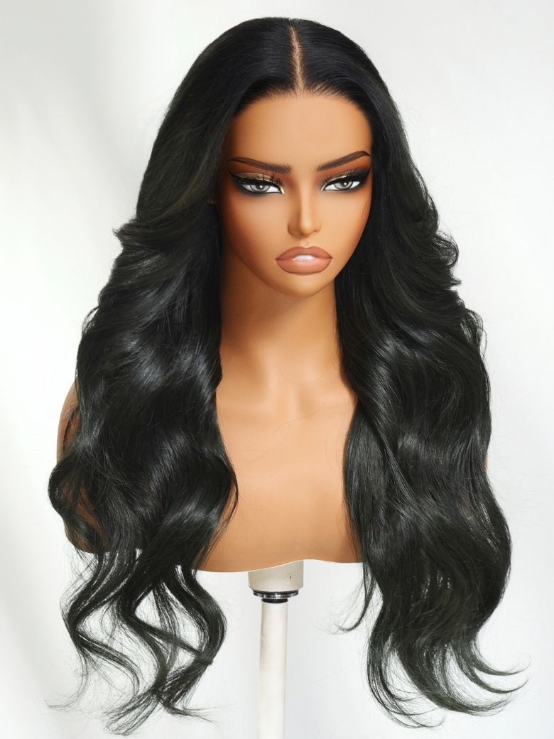 Onime Ombre Black to Dark Green Loose Wave Human Hair Wig Invisible Knots Pre-bleached Frontal Wig