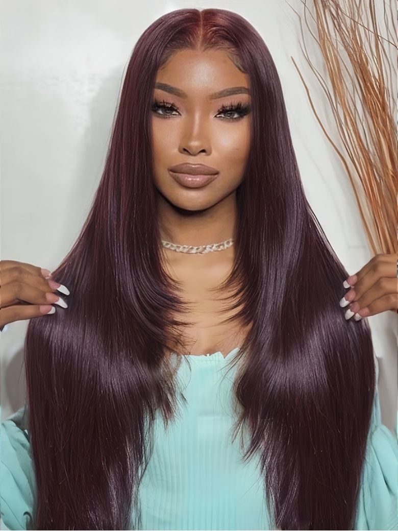 Onime13x4 Burgundy Plum Layer Cut Straight Lace Frontal Wig Pre-everything Invisible Knots Put on and Go Wig