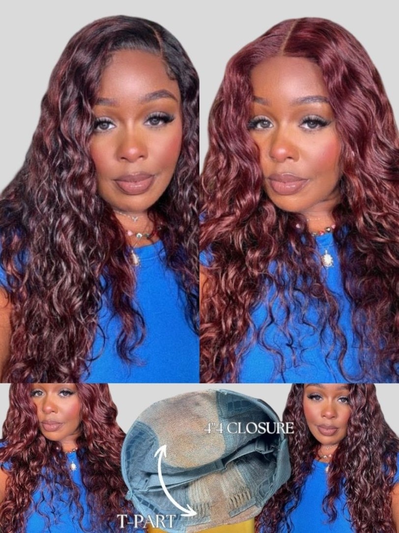 Onime Double Wear 4x4 Water Wave Lace Closure Wig Ombre Auburn & Reddish Brown 2 Styles in 1 Put on and Go Wig