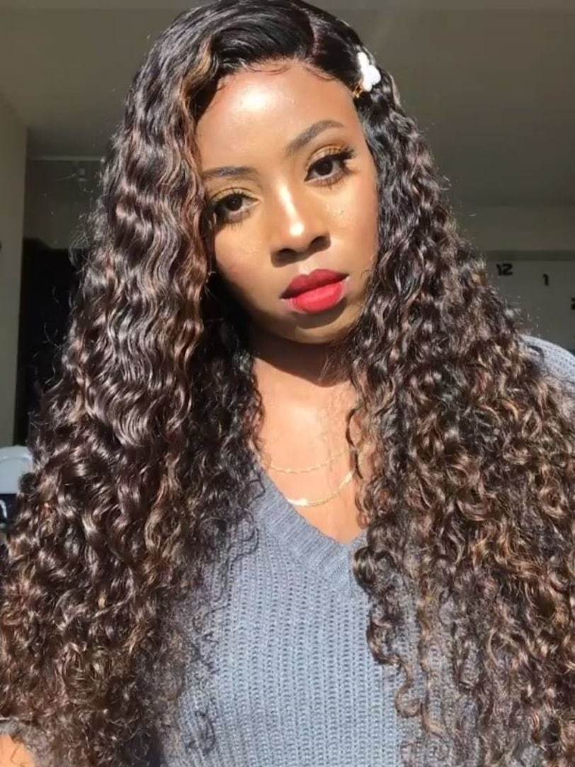 Onime 7x7 Golden Brown Highlight Wig Water Wave Bye Bye Knots Lace Closure Wig 150% Density Pre-sale