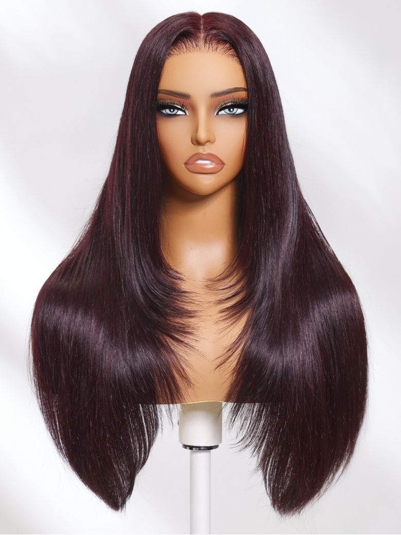 Onime13x4 Burgundy Plum Layer Cut Straight Lace Frontal Wig Pre-everything Invisible Knots Put on and Go Wig