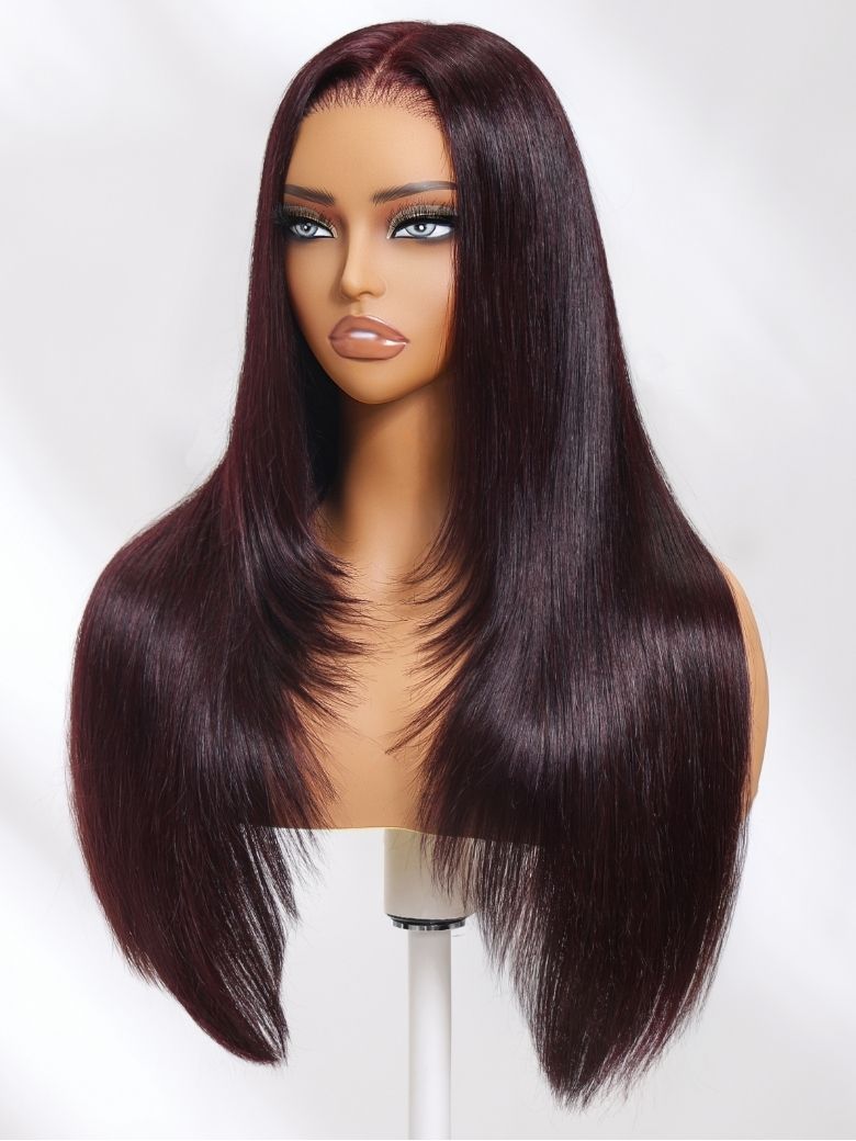 Onime13x4 Burgundy Plum Layer Cut Straight Lace Frontal Wig Pre-everything Invisible Knots Put on and Go Wig