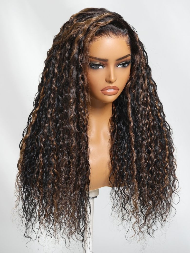 Onime 13x4 Golden Brown Highlight Wig Water Wave Bye Bye Knots Lace Frontal Wig 180% Density