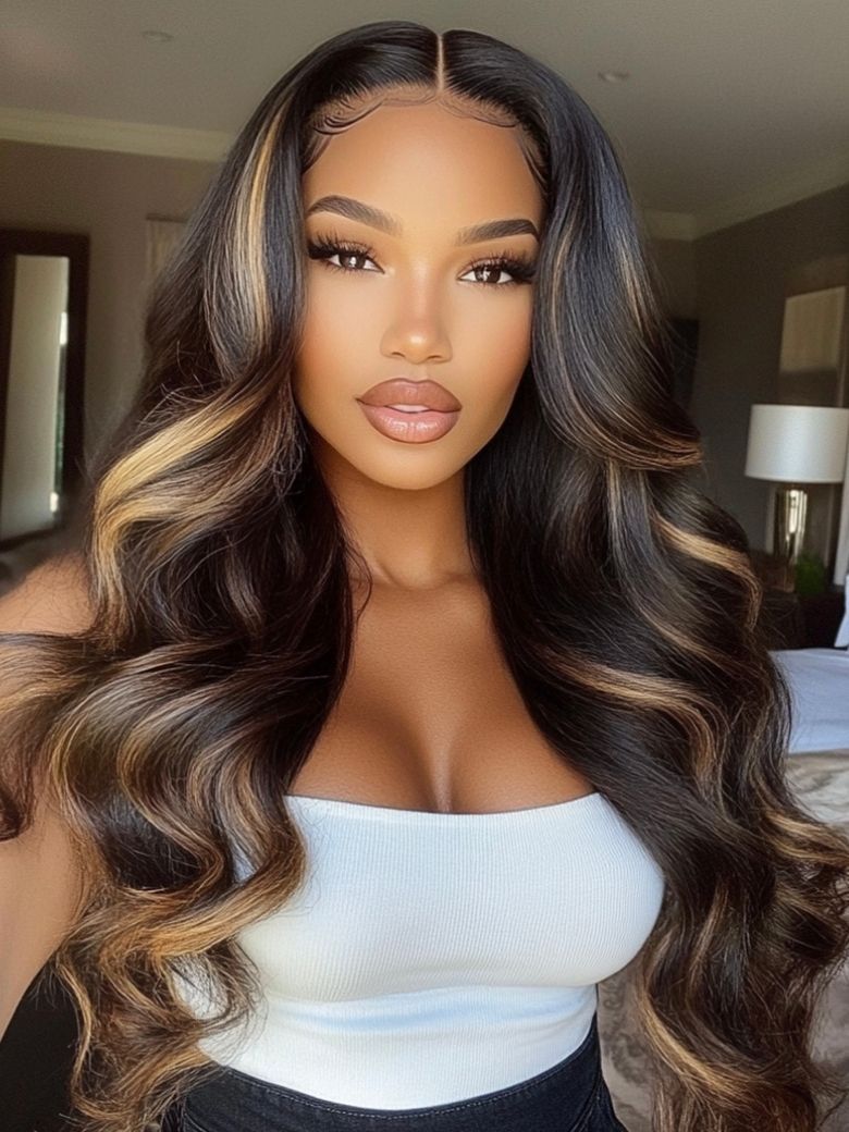 Onime 13x4 Bye Bye Knots Loose Body Wave Lace Closure Wig Dark Brown Wig with Face-Framing Highlights
