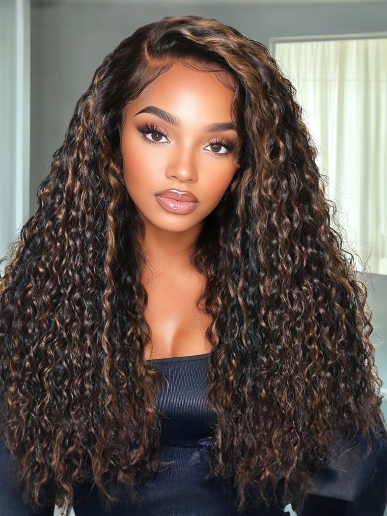 Onime 13x4 Golden Brown Highlight Wig Water Wave Bye Bye Knots Lace Frontal Wig 180% Density