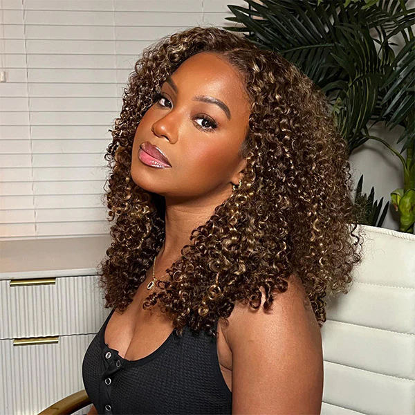 Onime 4/27 Highlight Color Wear Go Glueless Wigs Pre Cut 4x4 HD Lace Kinky Curly Hair Short Bob Wigs