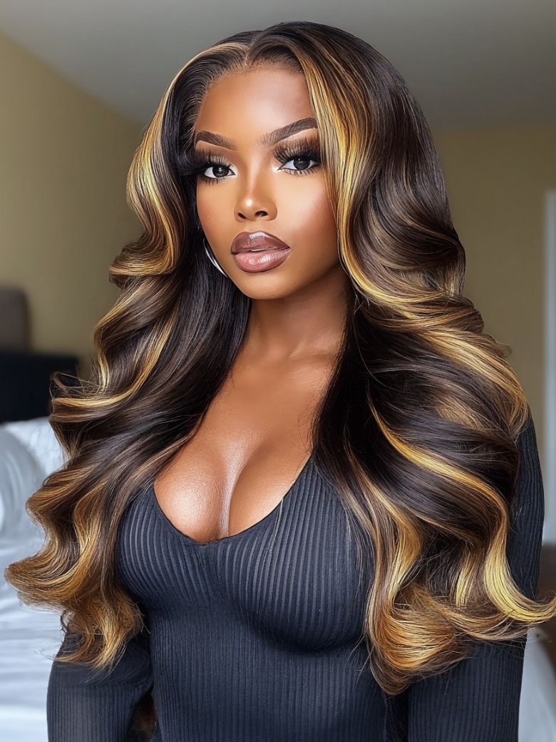 Onime 13x4 Bye Bye Knots Loose Body Wave Lace Closure Wig Dark Brown Wig with Face-Framing Highlights