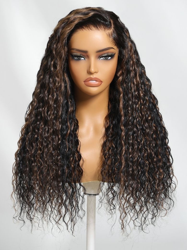 Onime 13x4 Golden Brown Highlight Wig Water Wave Bye Bye Knots Lace Frontal Wig 180% Density
