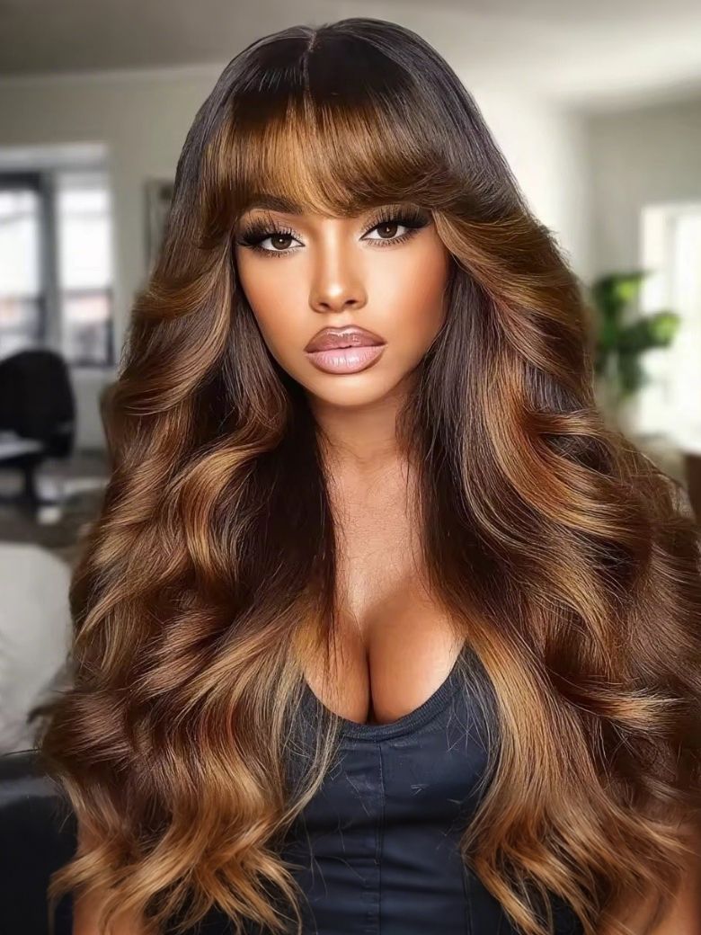 Onime13x4 Face-Framing Brown Highlight Wig with Bangs Bye Bye Knots 3D Body Wave Put on and Go Wigs