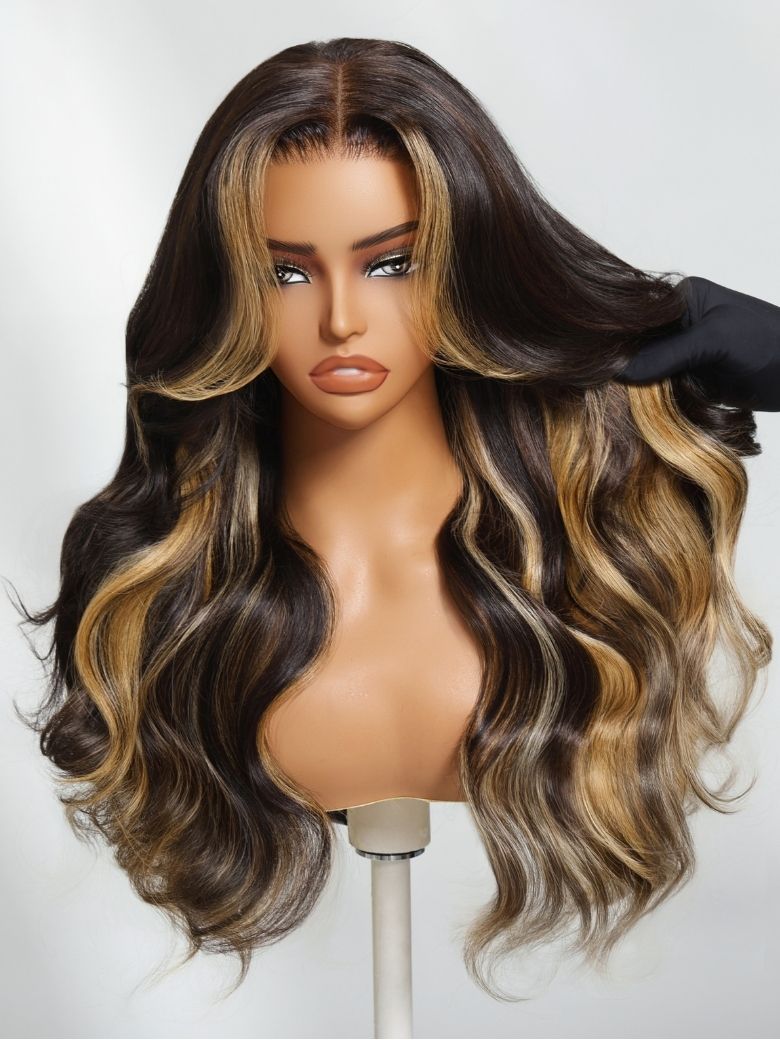 Onime 13x4 Bye Bye Knots Loose Body Wave Lace Closure Wig Dark Brown Wig with Face-Framing Highlights