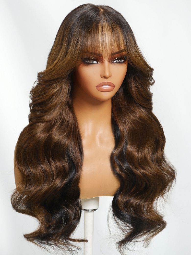 Onime13x4 Face-Framing Brown Highlight Wig with Bangs Bye Bye Knots 3D Body Wave Put on and Go Wigs