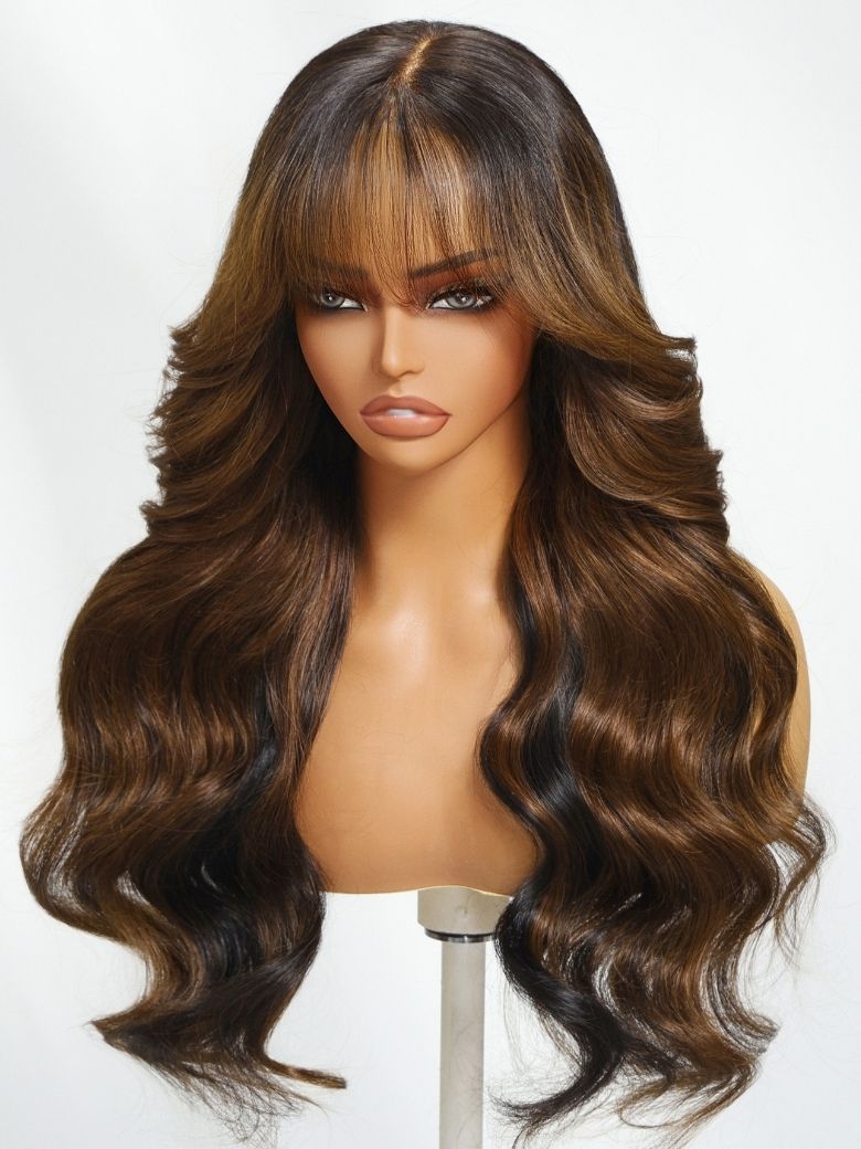 Onime13x4 Face-Framing Brown Highlight Wig with Bangs Bye Bye Knots 3D Body Wave Put on and Go Wigs