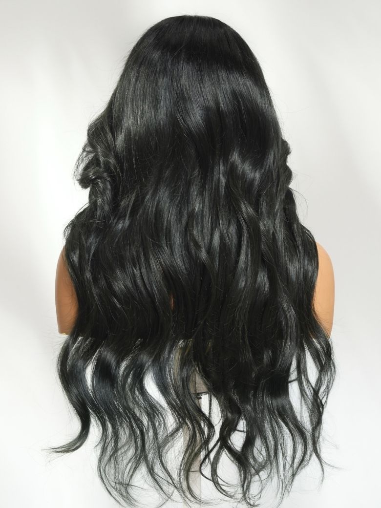 Onime Ombre Black to Dark Green Loose Wave Human Hair Wig Invisible Knots Pre-bleached Frontal Wig