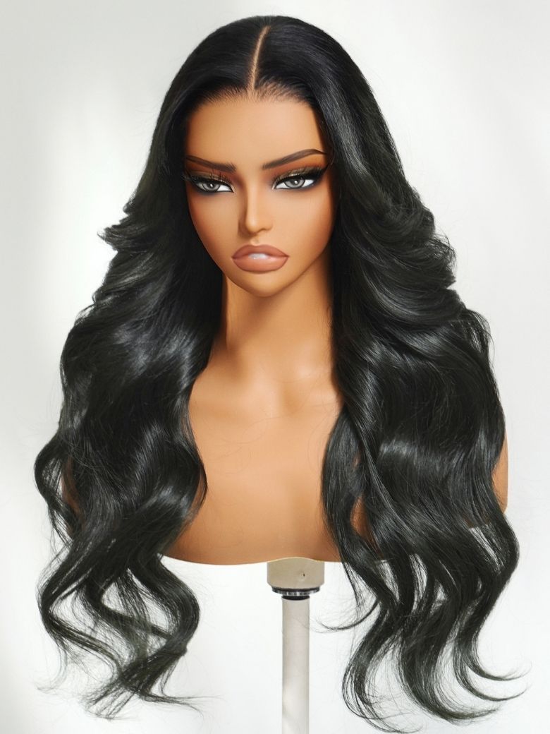 Onime Ombre Black to Dark Green Loose Wave Human Hair Wig Invisible Knots Pre-bleached Frontal Wig