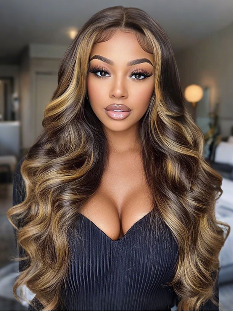 Onime 13x4 Bye Bye Knots Loose Body Wave Lace Closure Wig Dark Brown Wig with Face-Framing Highlights
