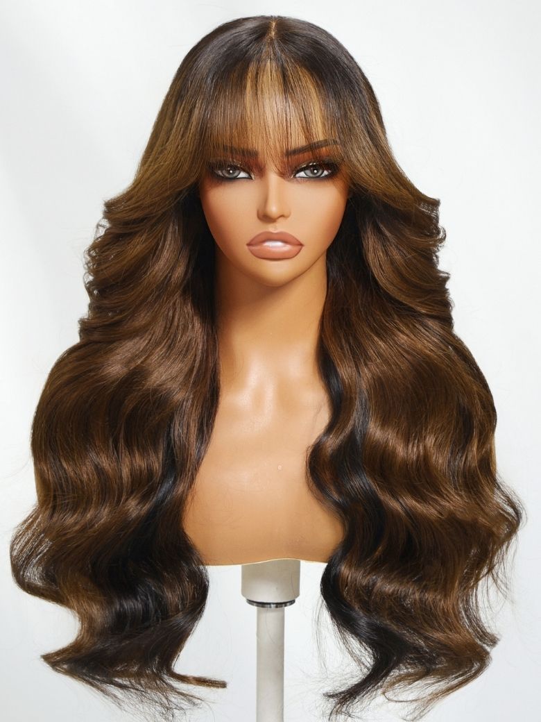 Onime13x4 Face-Framing Brown Highlight Wig with Bangs Bye Bye Knots 3D Body Wave Put on and Go Wigs
