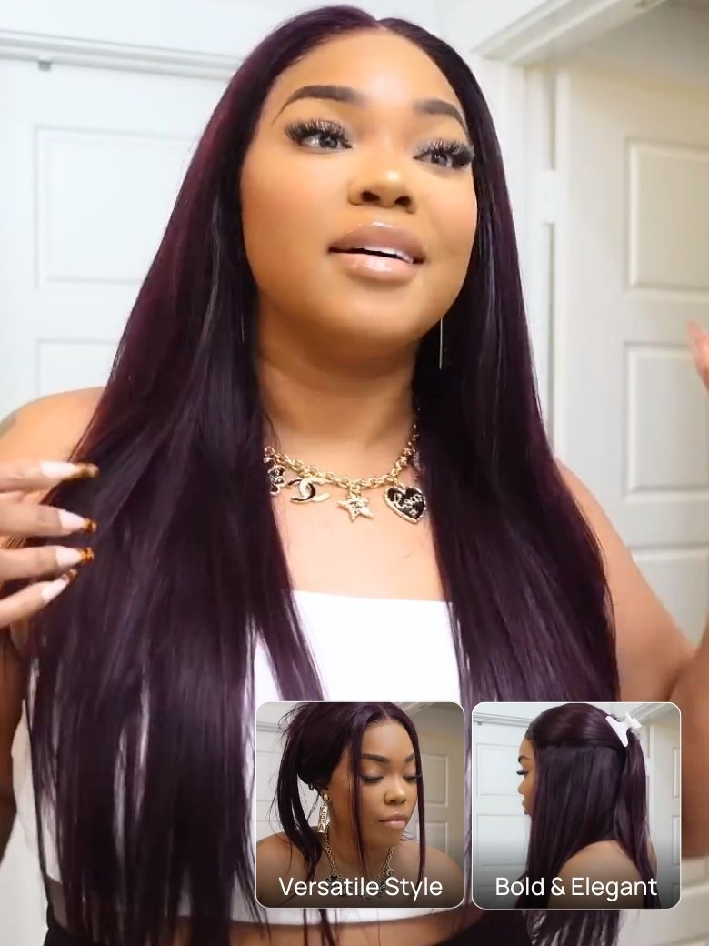 Onime13x4 Burgundy Plum Layer Cut Straight Lace Frontal Wig Pre-everything Invisible Knots Put on and Go Wig