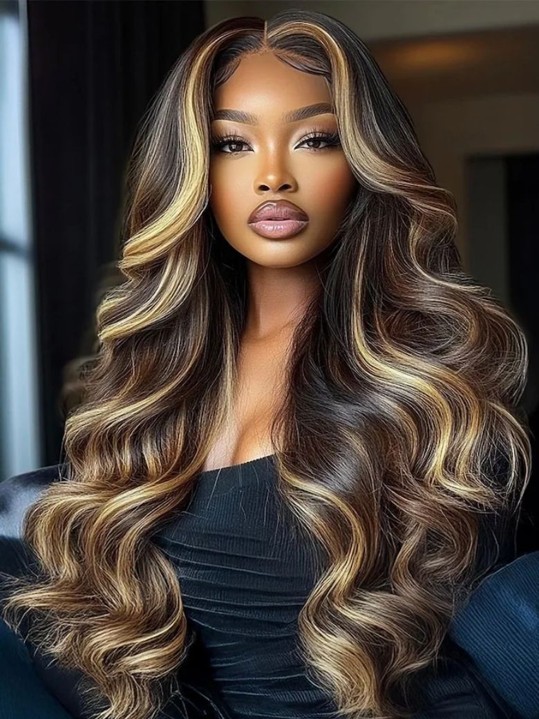 Onime 13x4 Bye Bye Knots Loose Body Wave Lace Closure Wig Dark Brown Wig with Face-Framing Highlights