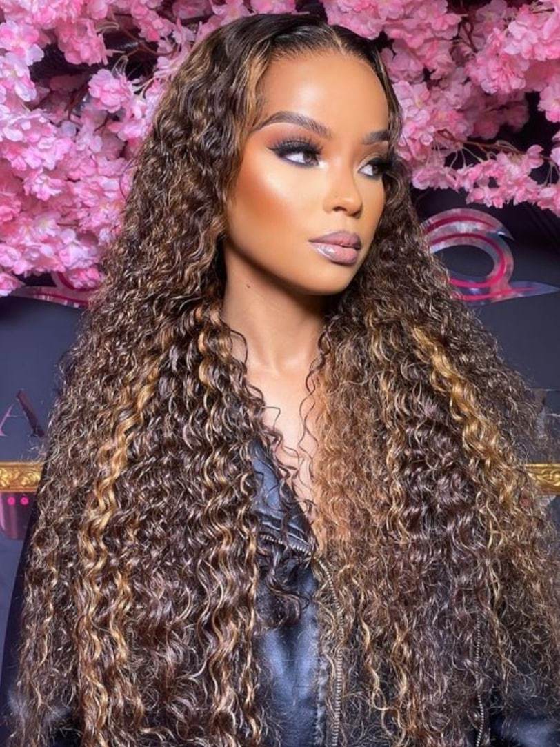 Onime 7x7 Golden Brown Highlight Wig Water Wave Bye Bye Knots Lace Closure Wig 150% Density Pre-sale