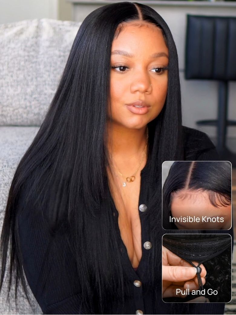 Onime Youtuber's Same Yaki Straight 7x7 And 5x5 Bye Bye Knots Put On and Go Glueless Lace Wig Light Kinky Straight