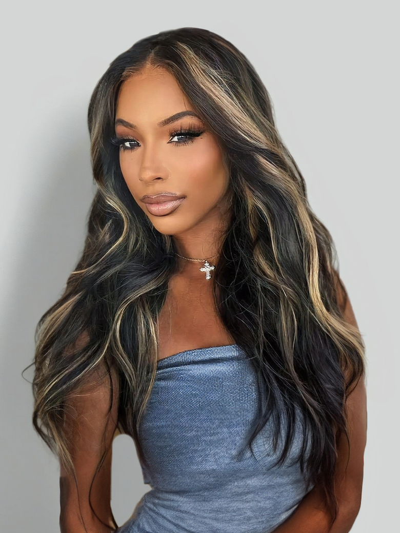Onime Pre Everything Wig 2.0™ _ Onime 13x4 Lace Front Black With Blonde Highlights 3D Body Wave Glueless Wig Put on and Go